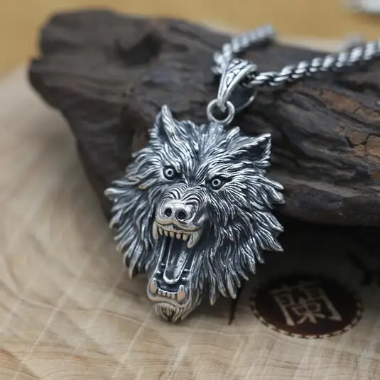 prata lobo cabeca pingente do vintage sterling power lobo pingente homem joias colar pingente punk joias novo 100 925 01