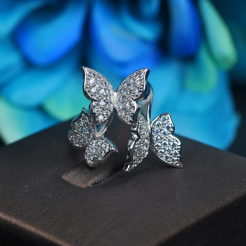 HIBRIDE Beauty 3 Butterfly Design CZ Pave White Gold-Color Women Open Adjustable Finger Ring Anillos For Party Show R-206