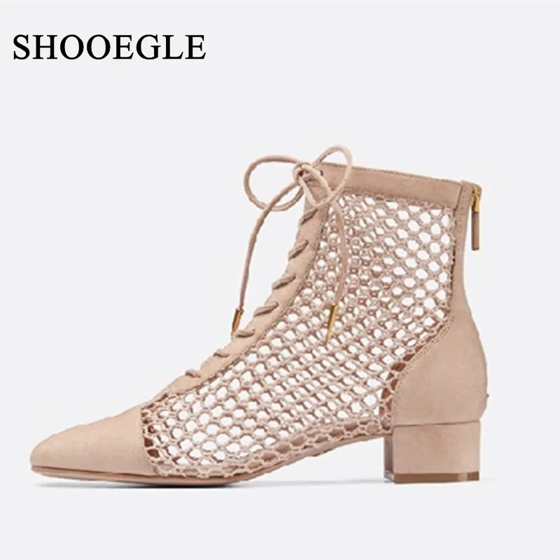 

New 2019 Summer Shoes Leather Mesh Lace Up Sandals Women Hollow Out Low Heel Gladiator Sandals Fishing Net Shoes Sandal Boots