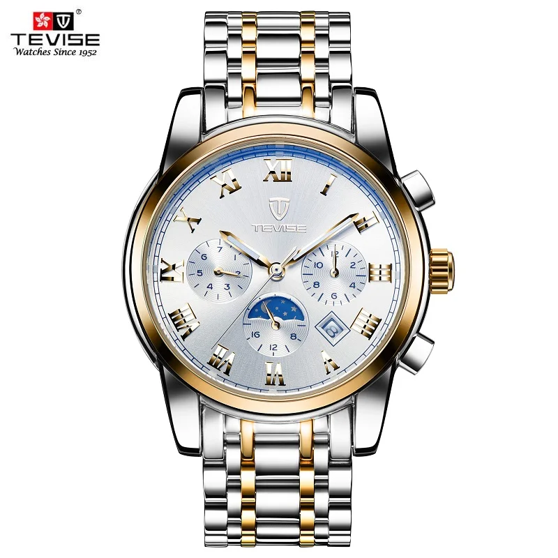 TEVISE Mens Watches Gold Automatic Watch Moon Phase Luminous Date Black Mechanical Wristwatches For Man Male Hours Luxury Clock