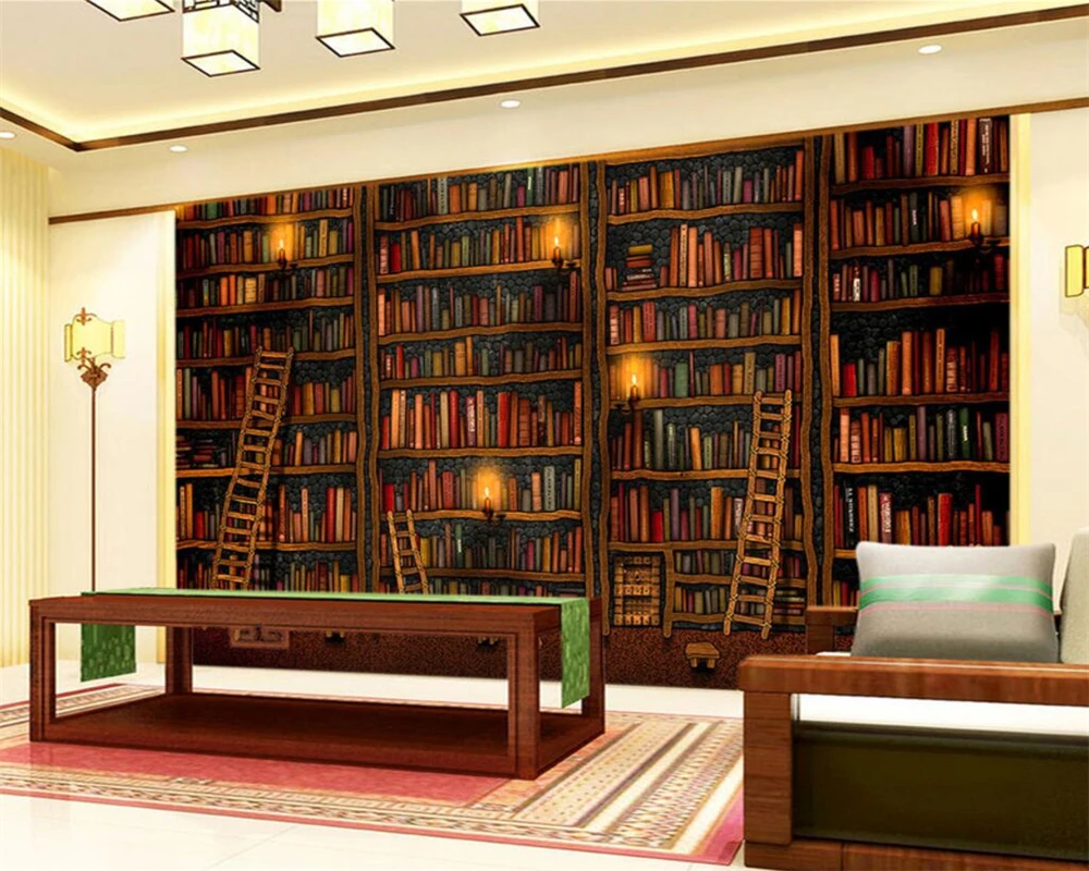 Beibehang Custom Wallpaper Living Room Bedroom Mural 3D mural Decorative 3d Wallpaper Book Bookshelf Bookcase Background Wall