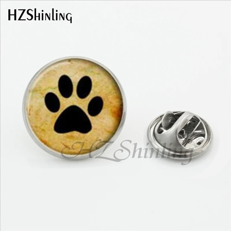 Joyería con estampado de pata de perro, alfileres de solapa de acero inoxidable con borde de hueso de perro, cabujón de cristal redondo, Yin Yang