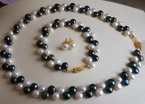 Birthday Jewelry Set 17/7.5 inch 7-8mm White Black Color Freshwater Pearl Necklace Bracelet Earrings