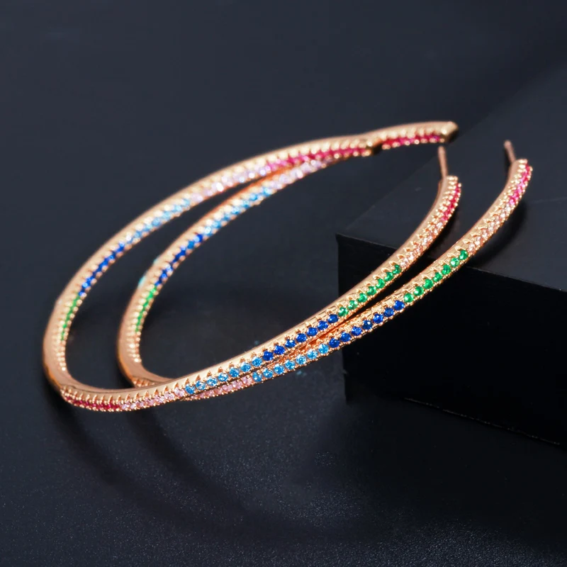 CWWZircons Gorgeous Thin MultiColor Cubic Zirconia Crystal Large Gold Color Loop Hoop Earrings for Women Jewelry Gift CZ576