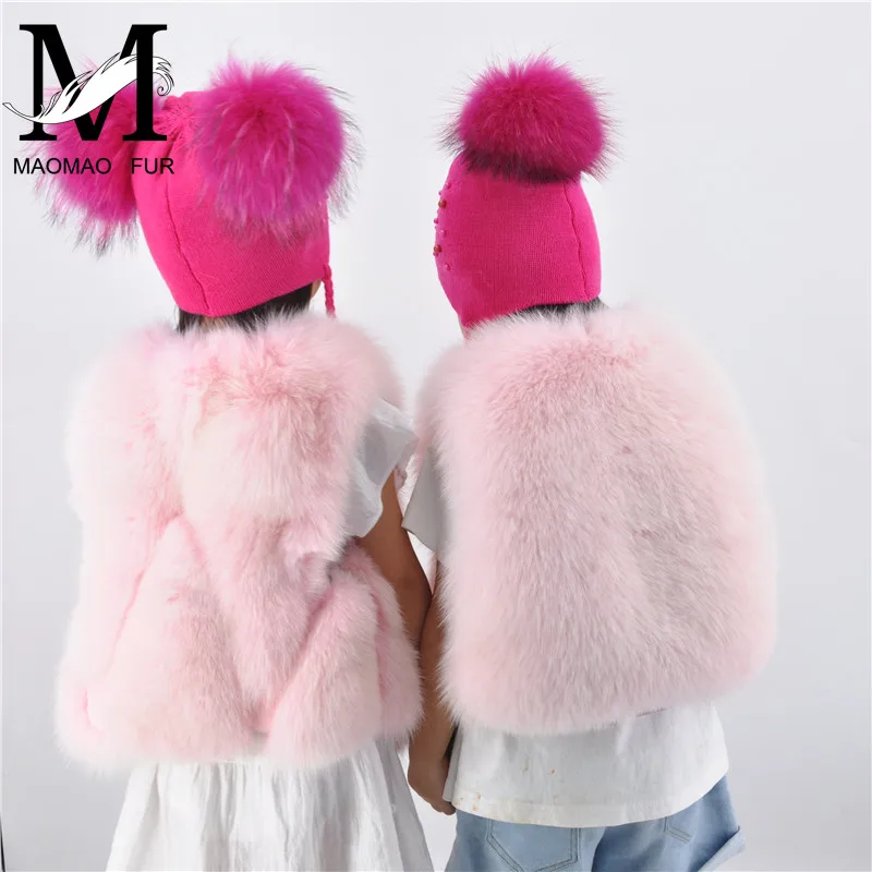 Kids Warm Winter Caps Double Fur Pom Pom Beanie Wool Knitted Hat For Baby Boys Girls Real Raccoon Fur Balls Beanie Cap Bonnet