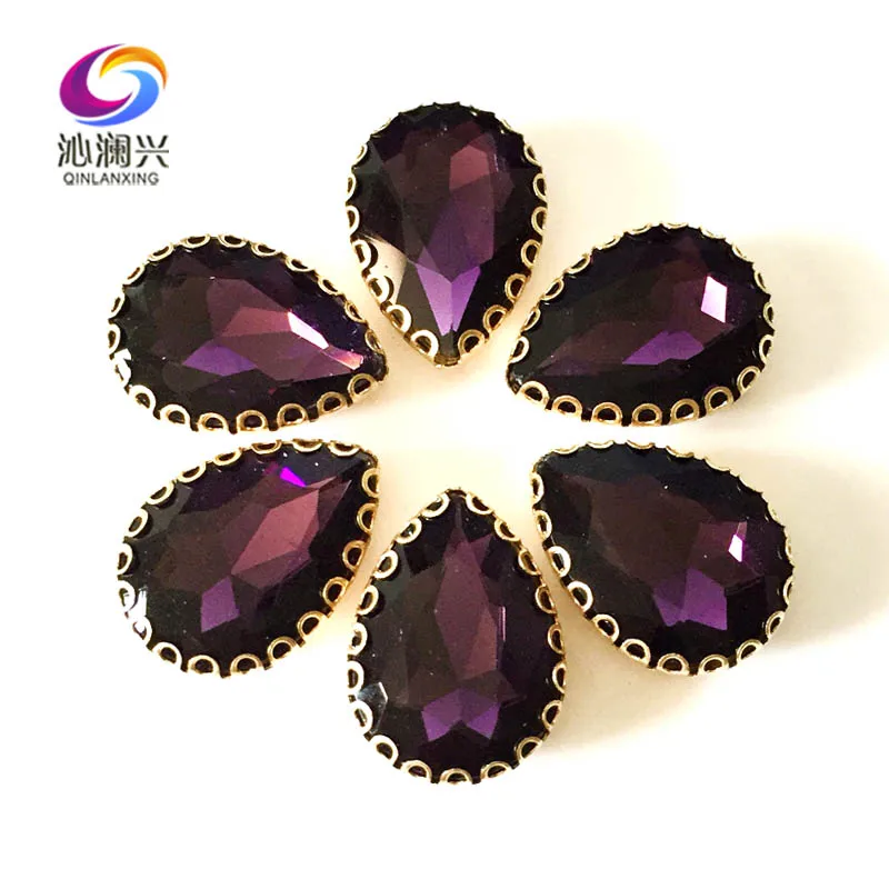 

Deep purple Drop shape top glass crystal lace claw rhinestones,golden base sew on stone for Diy/Clothing accessories HGS17