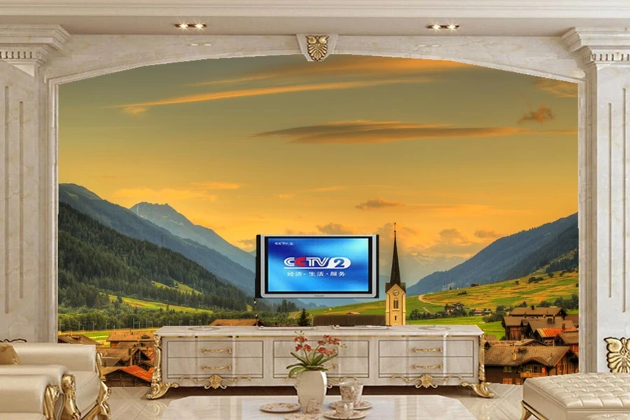 

Custom 3d mural,papel de pared Switzerland Houses Sky Mountains nature wallpaper,bar living room sofa TV wall bedroom wall paper