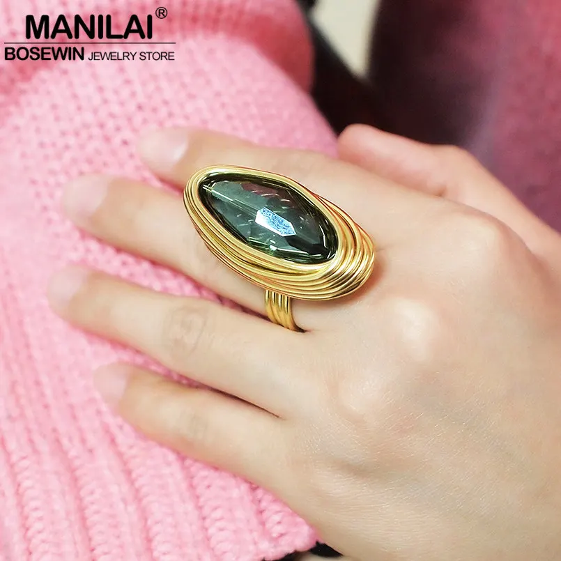 MANILAI Handmade Metal Wire Big Crystal Rings For Women Bohemian Statement Jewelry Finger Rings Wedding Accessories