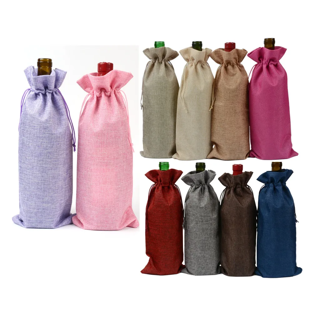 Christmas Jute Wine Bottle Covers Gift Bags Champagne Wine Blind Packaging Pouch Rustic Hessian Wedding Dinner Table Decorate