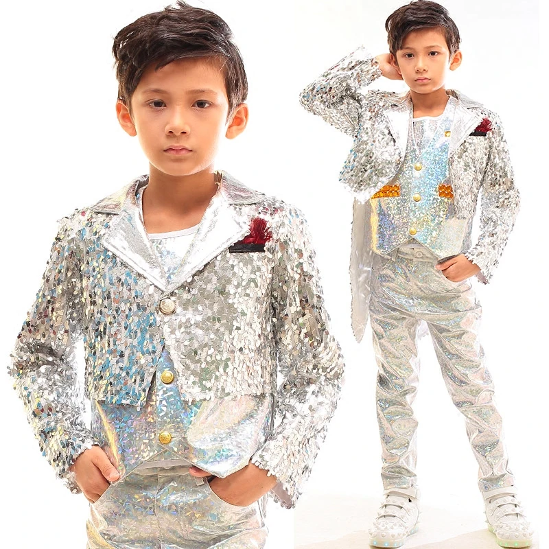 Jazz Costumes Hip Hop Boys Drums Children Street Dance Model Singer Performance Silver Tassel Laser Leather Pants Suit DNV10053