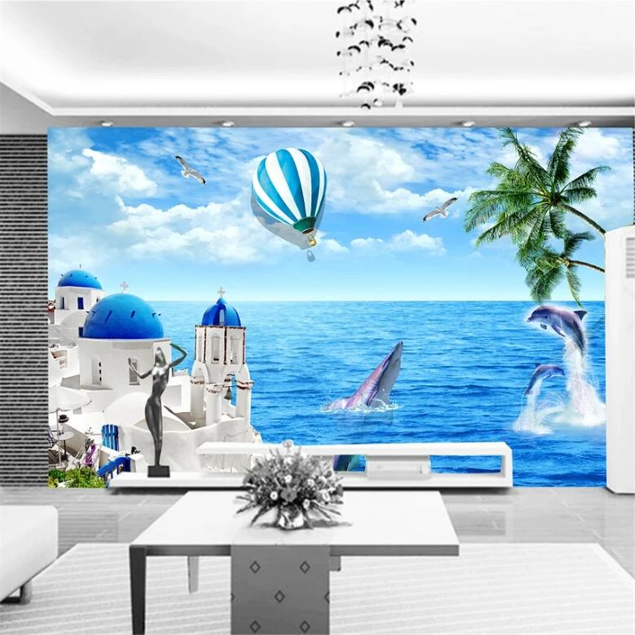 

Custom wallpaper 3d oil painting dolphins coconut tree Maldives love sea TV background wall beautiful sea landscape 3d wallpaper