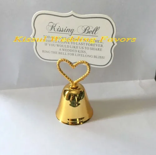 50Pcs/lot Event and Party Wedding decoration favors of Silver and Gold Heart Kissing Bell Place card holder for seat name holder