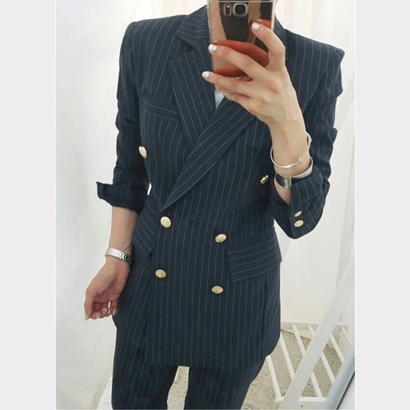 BGTEEVER di Affari di Lavoro Delle Donne A Strisce Abiti Doppio Petto Sottile Vestito con pantaloni Blazer Jacket & Matita Pant Office Lady 2 Pezzi