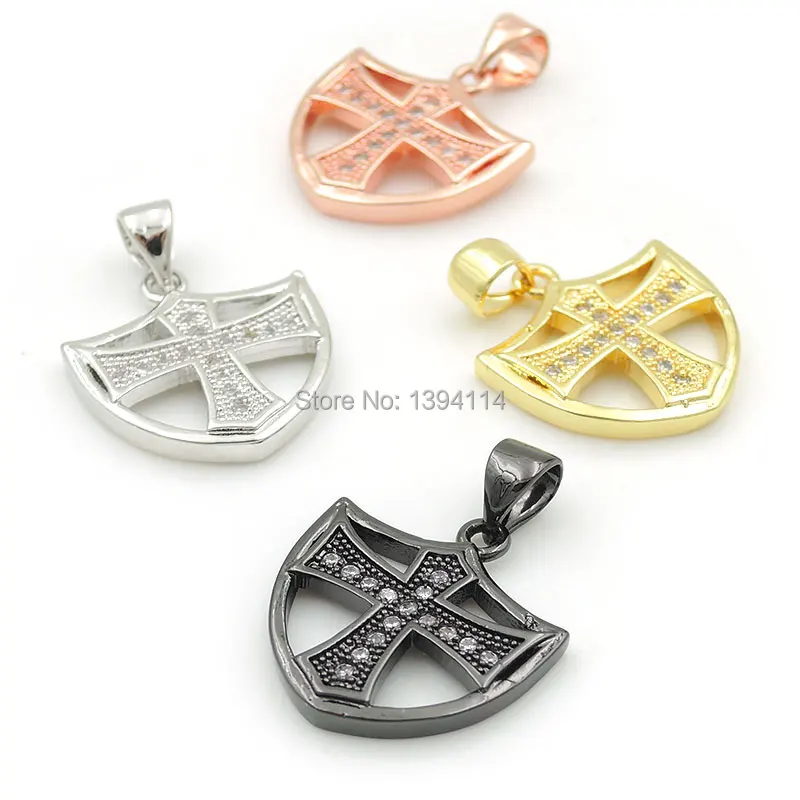 17*16*2mm Micro Pave Clear CZ Shield Charm With Cross Fit For Women As Necklace Accessory