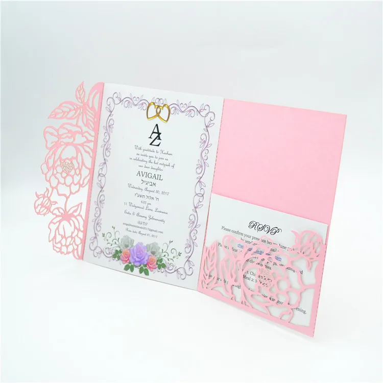 Gorgeous shimmer beige rose laser cut wedding invitations pocket fold