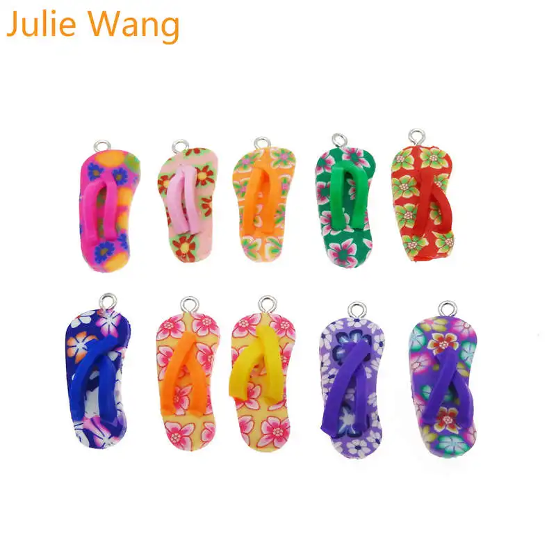 Julie Wang 20/30PCS Polymer Clay Flip Flops Charms Pendant Key Chain Handmade Crafts Phone Deco Jewelry Making Accessory