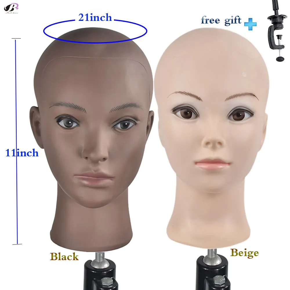 Bald Training Head Mannequin Soft PVC Female Wig Head Wigs Making and Display Doll Head with a Free Clamp