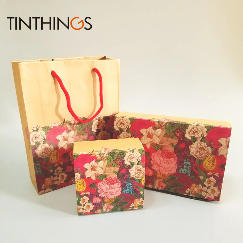 20 set cupcake boxes Flowers kraft paper bag with handle Mousse cup cake box Maccaron muffin packaging Vintage Floral