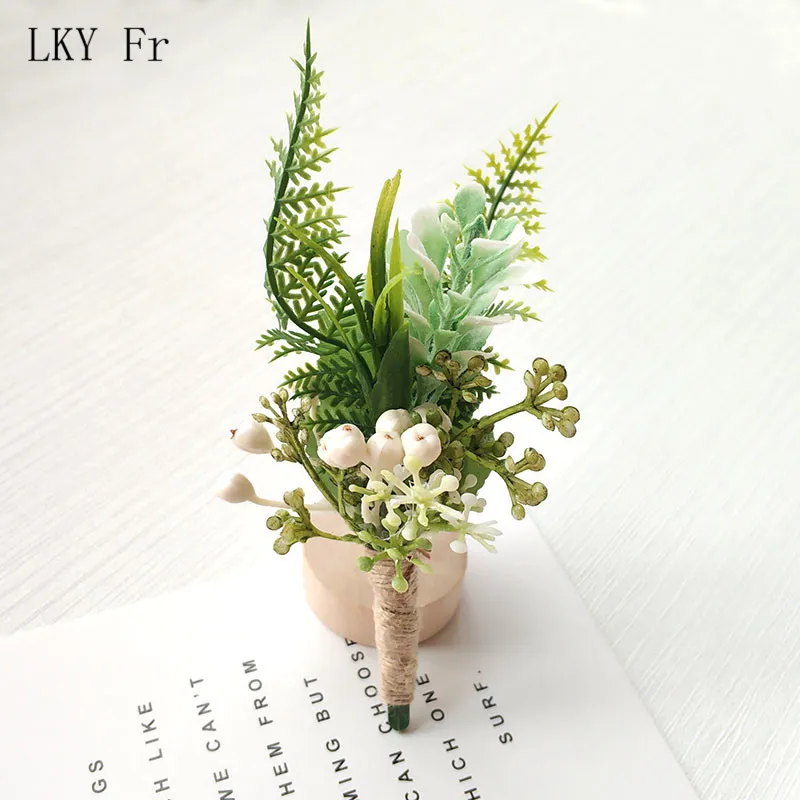 LKY Fr Boutonniere Corsage Pin ดอกไม้สีเขียวป่าแต่งงาน Boutonniere Buttonhole ผู้ชาย Planner แต่งงาน Corsages เข็มกลัด