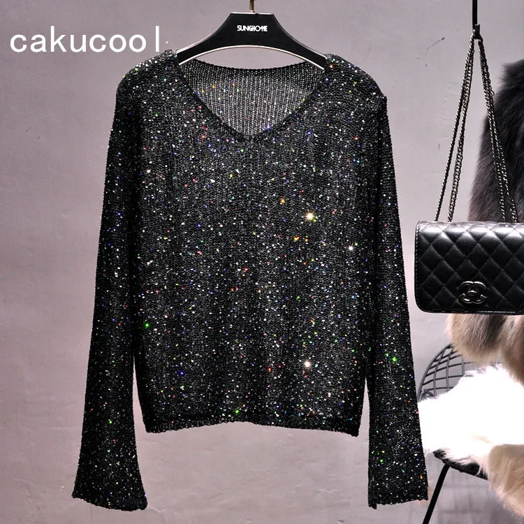 Cakucool Hot Women Gold Lurex Knit Top Pullover Sequined V-neck Long Flare Sleeve Jumpers Beading Knit Thin Sweater Shirt Female