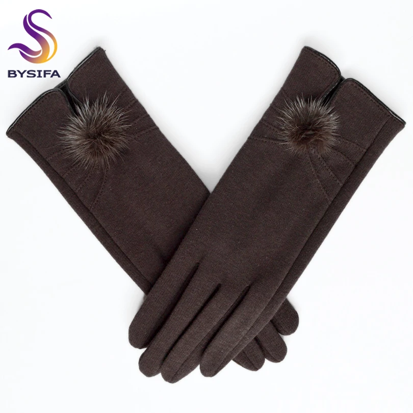 [BYSIFA] Women Mittens Gloves Winter Mink ball Wool Gloves Fashion Opening Design Ladies Gloves New Elegant Black Green Gloves