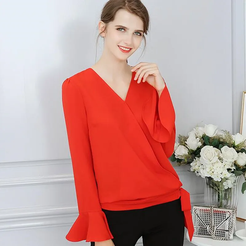 Long Sleeves Chiffon Blouse Women Pure Color Flare Sleeve V Collar Shirts Female Spring Summer Korean Fashion Leisure Top H9083