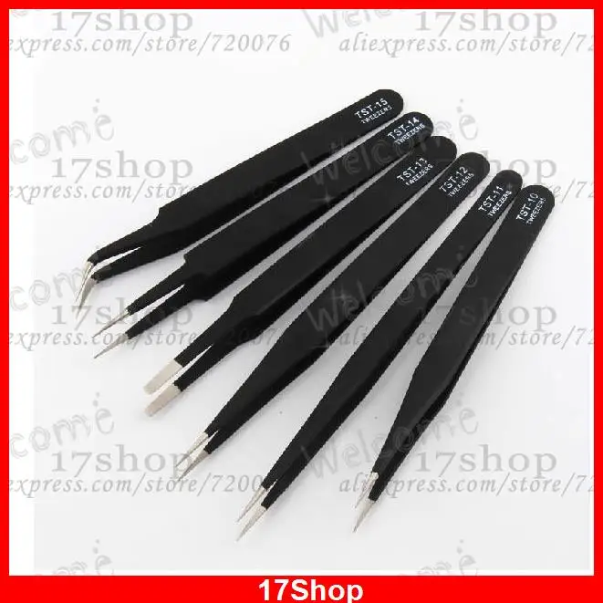 

6 PCS Black Jewelry IC SMD SMT Non-magnetic Stainless Steel Tweezers Plier Tools