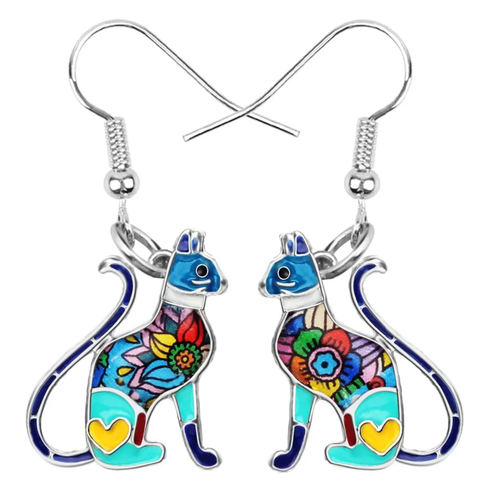 Bonsny Statement Enamel Alloy Elegant Floral Kitten Cat Earrings Big Long Fashion Cartoon Animal Jewelry For Women Girl Kid Gift