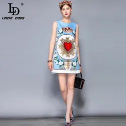 LD LINDA DELLA New 2021 Fashion Runway Summer Dress Women's Sleeveless Casual Flower Appliques Crystal Beading Elegant Dress