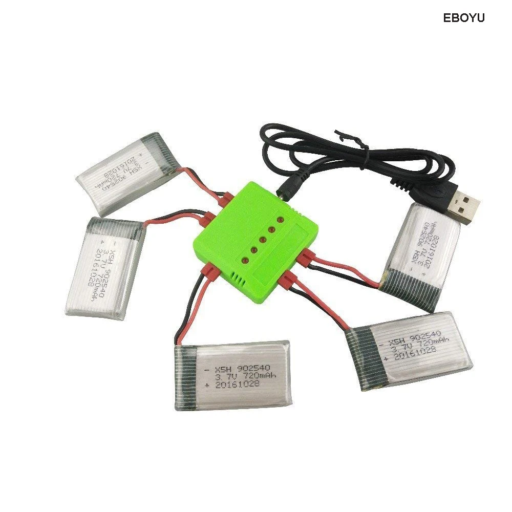 5Pcs * Eboyu Syma X5HC X5HW 3.7V 720Mah Lipo Batterijen + 5 In 1 Oplader Voor Syma x5HC X5HW Rc Quadcopter Drone