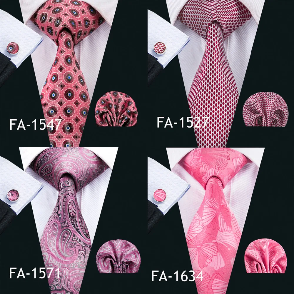 Barry.Wang-Gravata Rosa Masculina com Abotoaduras Hanky, Gravata com Decote de Seda para Festa de Casamento, Presente Empresarial, Novo