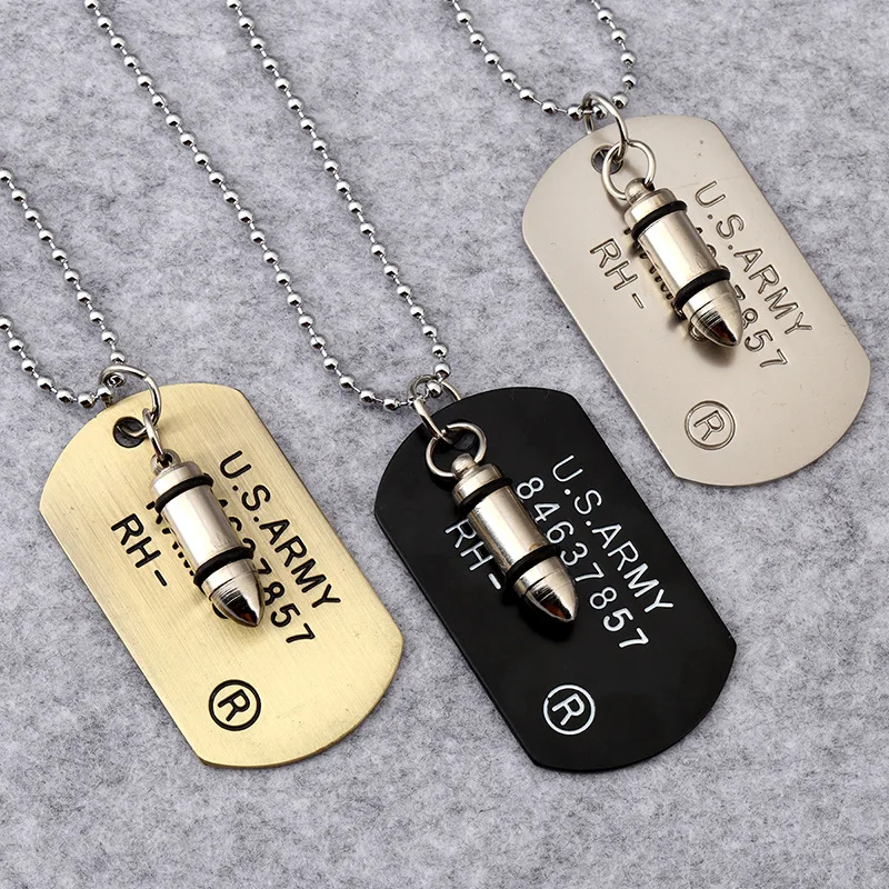 wholesale price hip hop Stainless steel Jewelry U.S. Army Style Bullet Dog Tag Pendants Men women USA America soldier Necklaces