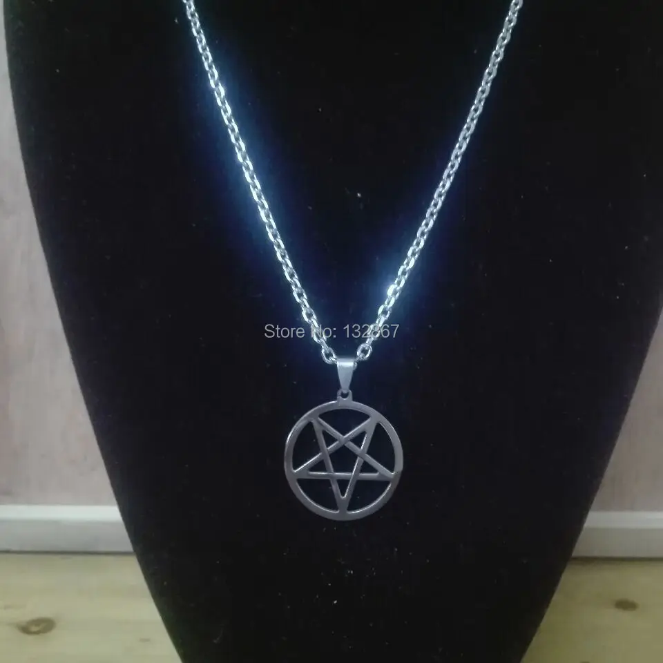 Stainless Steel Pagan Wicca Inverted Star Pentagram Pendant Necklace 22'' cross Chain