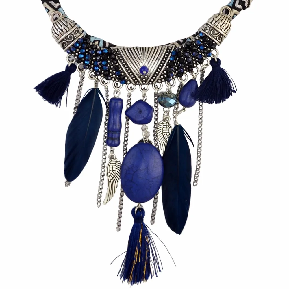 Idealway Handgemaakte Etnische Blauw Bruin Veer Hanger Lederen Ketting Kettingen voor Vrouwen Bohemian Party Anniversary Tribal Sieraden