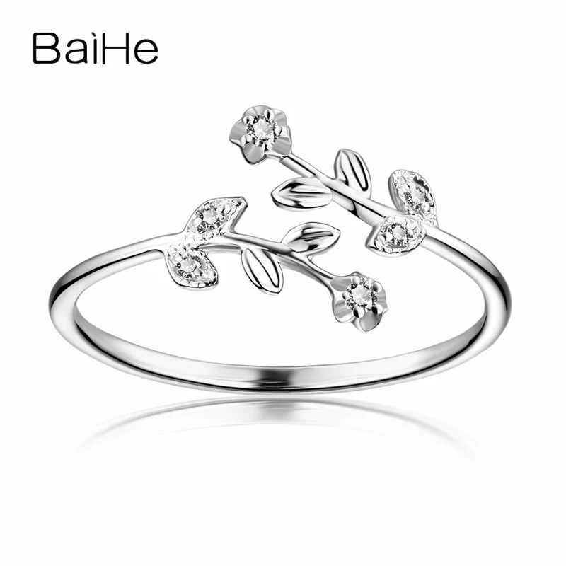 BAIHE Solid 18k White Gold 0.04ct Round Natural Diamonds Women Trendy Fine Jewelry Beautiful Leaves Small Flower Diamond Ring