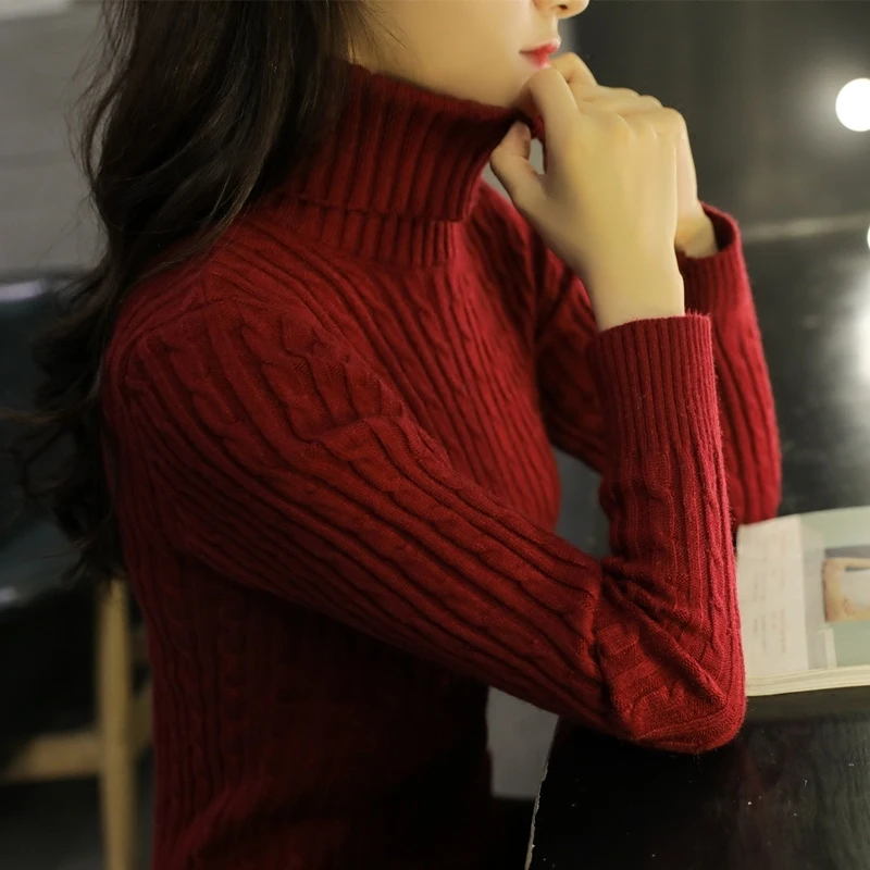 PEONFLY balck Turtleneck Women Autumn Warm Cashmere Sweater Women Pullovers Jumper Knit Sweater Female Pull Femme Burgundy