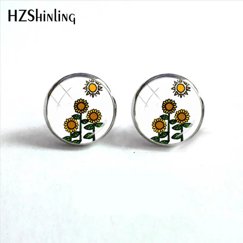 2018 New Sunflower Earring Color Flowers Ear Stud Handmade Earrings Art Glass Cabochon Jewelry HZ4