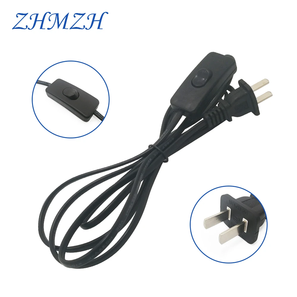 AC Power Cord 1.8m on-off Switch Plug Wire Two-pin EU Plug Cable Extension Cords US Type Adapter Black White Line For LED lamp