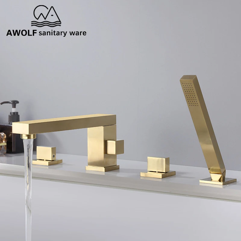 

Bathroom Bathtub Faucet Shower Brushed Gold Solid Brass Deck Mounted Pull Out Shower 4 Pcs Faucet Hot Cold Mixer ML8060