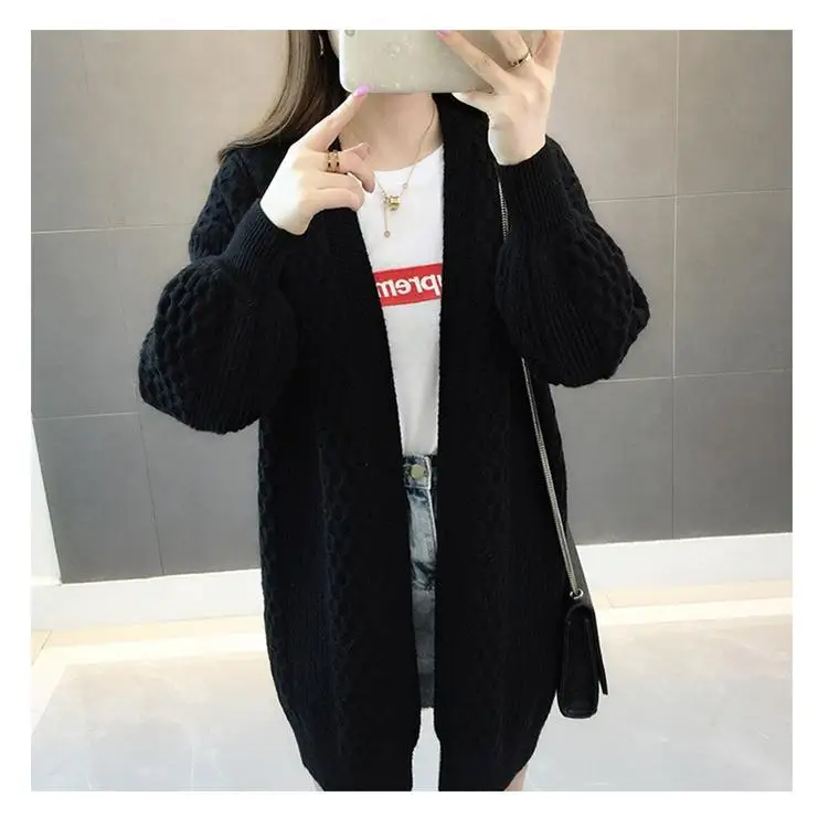 Women Long Sweater and Cardigans Lantern Sleeve Loose Knitte Coat Open Stitch Winter Cashmere Cardigans Female Coat