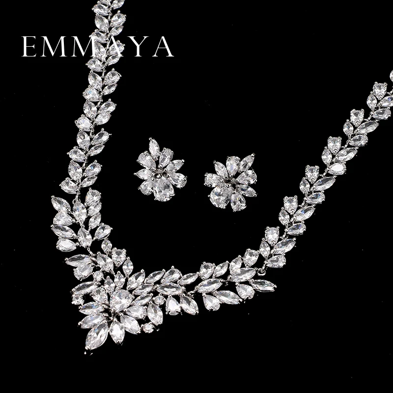 Emmaya New Top White Gold Plate Flower AAA Cubic Zircon Pendant/Earrings for Women Wedding Jewelry Sets