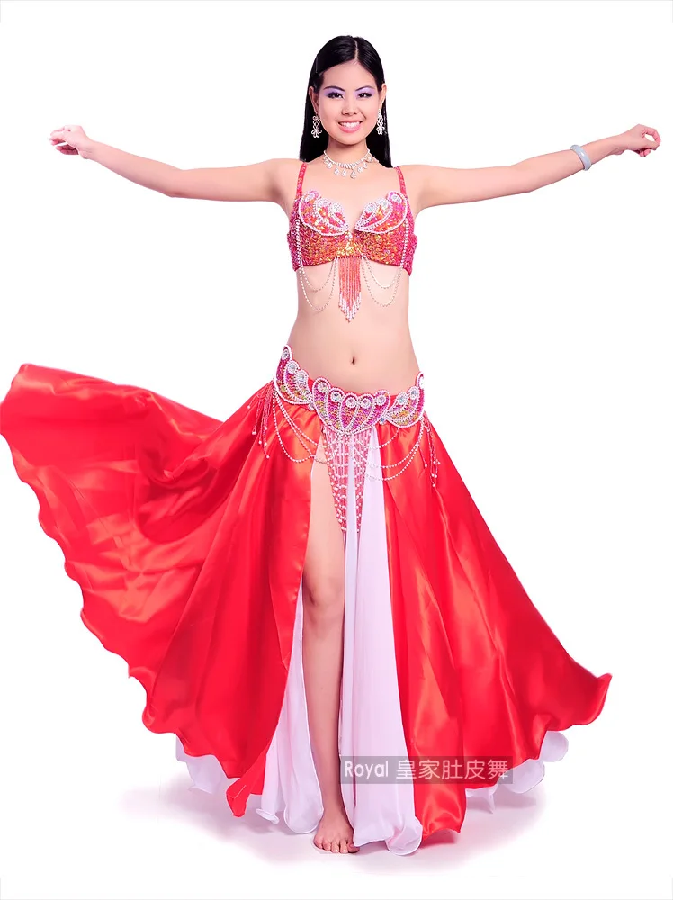 Professional Performance Belly dance costume wear Women\'s belly dancing clothes set belly dancing suit: Bra & belt & satin skirt