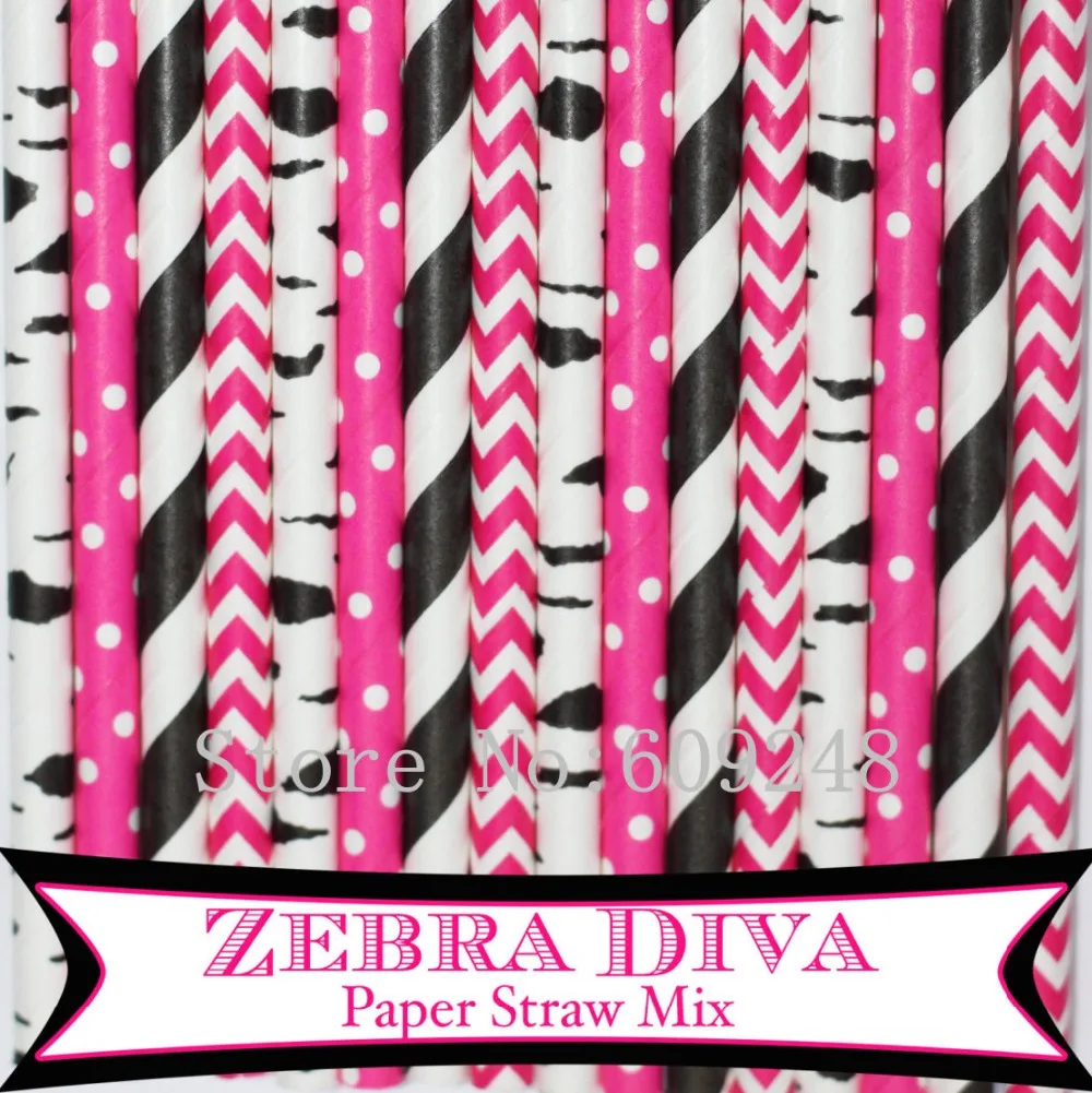 100 pcs Mix Colors Zebra Diva Paper Straws,Black Zebra Print,Striped,Deep Pink Chevron,Swiss Dot,Birch,Cute Girls Birthday Party