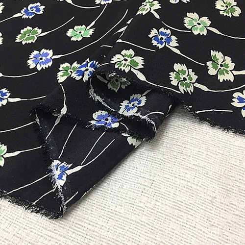 Silk crepe de chine silk fabric mini green blue floral on black bottom,SCDC1012