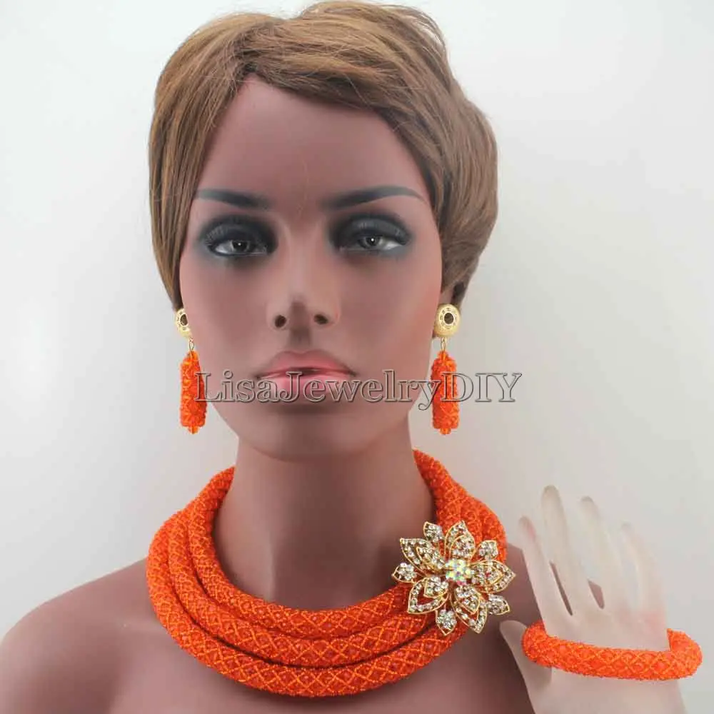 

New Unique Orange Costume African Jewellery Sets African Women Style Nigerian Wedding Crystal Beads Jewelry Free Shipping HD7889