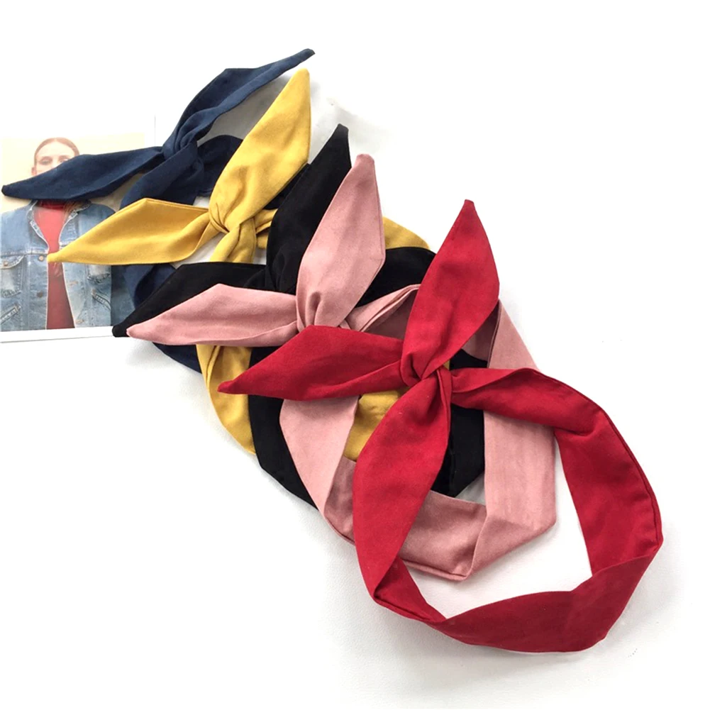 1PC Korean Suede Retro Solid Color Rabbit Ears Headbands Cross Bow Hairbands Metal Wire Scarf Headband Hair Band accessories