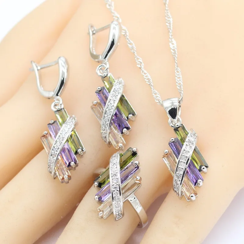 Silver Color Bridal Jewelry Sets for Women Wedding Multi Zircon Earrings Bracelet Necklace Pendant Gift Box