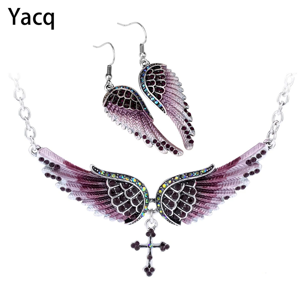 Yacq Angel Wing Cross Necklace Earrings Sets Women Biker Bling Jewelry Birthday Gifts for Her Wife Mom Girlfriend Dropshipping