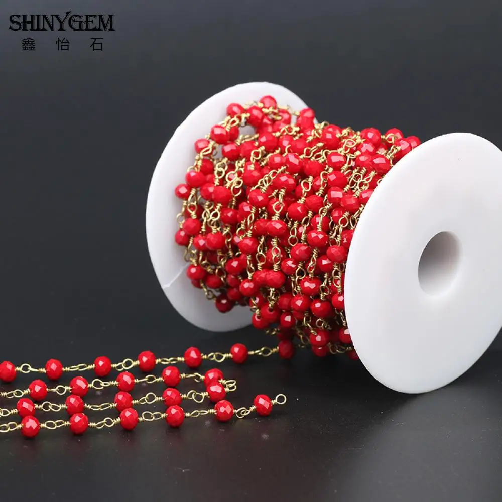 ShinyGem 6mm Faceted Round Crystal Bead Chain Vintage Gold Plating Wire Wrap Natural Stone Bead Chains For DIY Jewelry Making 5M