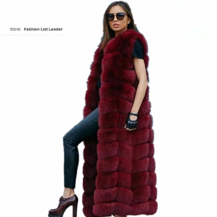 8-10 steps Longer Fluffy Fur Coat Winter Women Luxury Faux Fox Fur Parkas Furry Slim Fake Fur Vest fashion Fur Outerwear